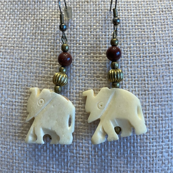 Bone  Elephant Dangle Earrings with Gold and Brown Accents - Women Jewelry - Picture 3 of 9